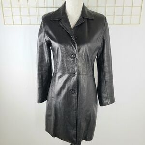 Vera Pelle Made In Italy Black Leather Y2K Vintage Trench Coat